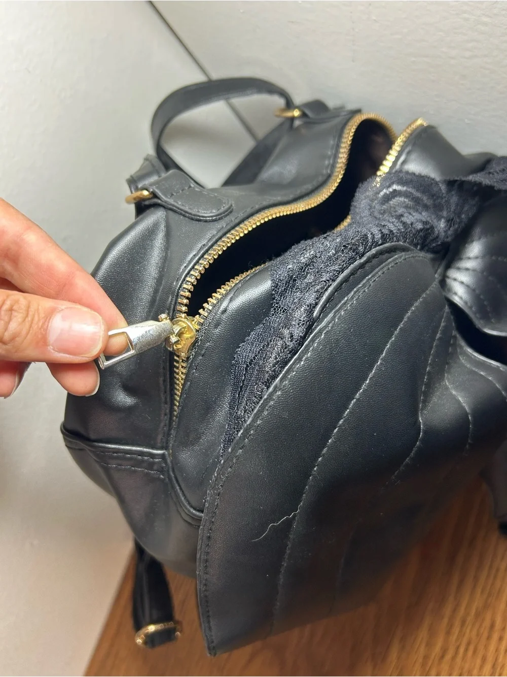 Black Sculpted Leather Backpack - Women